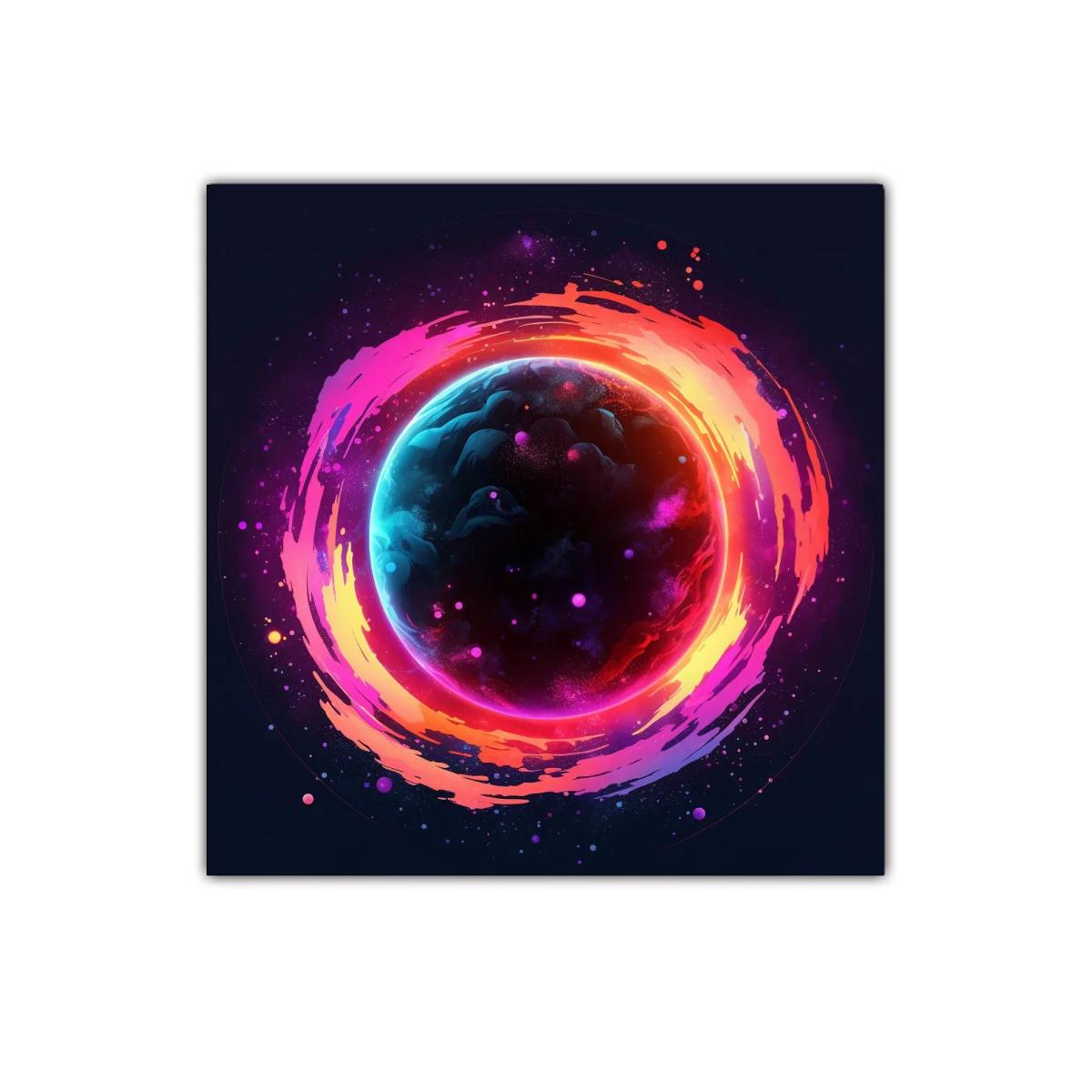 Cuadro vibrante de planeta con halo de colores intensos