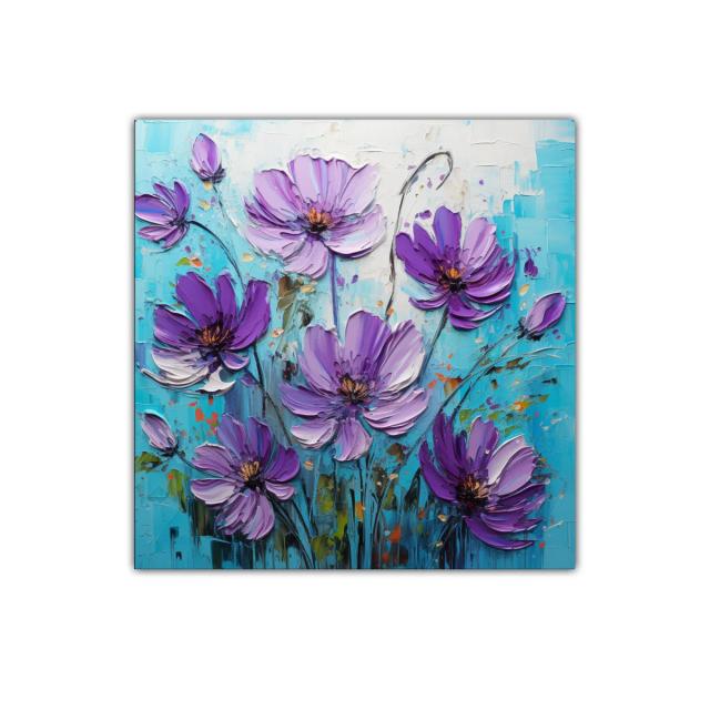 Cuadro decorativo con flores violetas sobre fondo azul