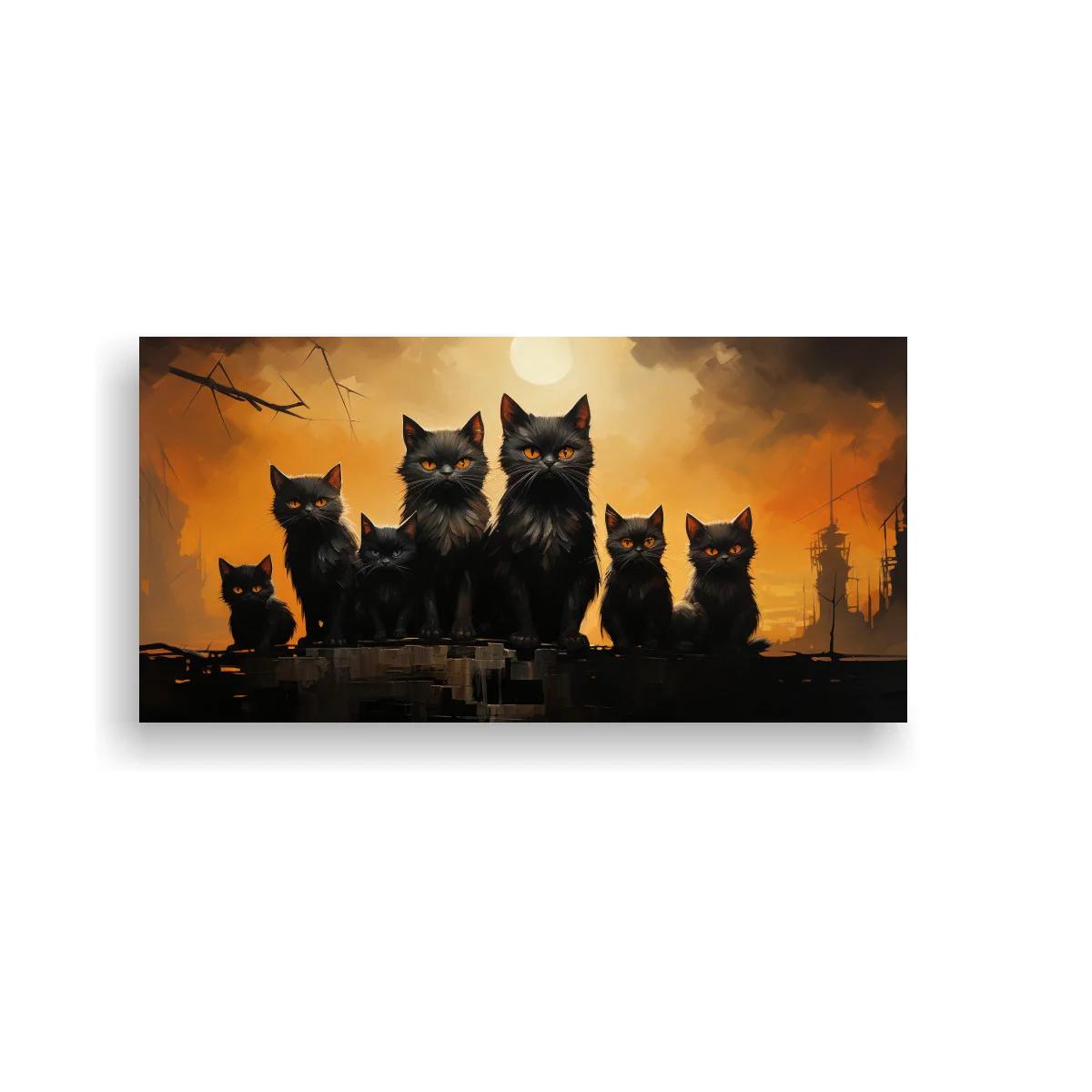 Cuadro grupo de gatos negros con cielo dramático