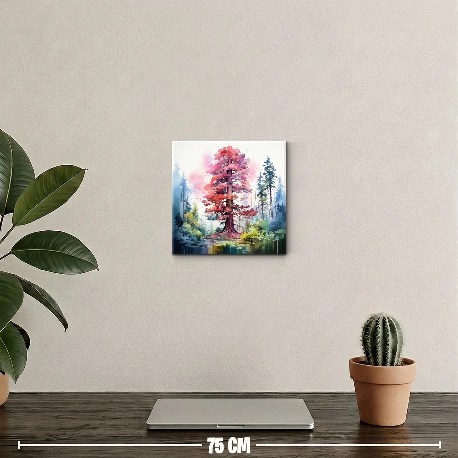 Árbol rojo vibrante en bosque estilizado y sereno — miniatura 2