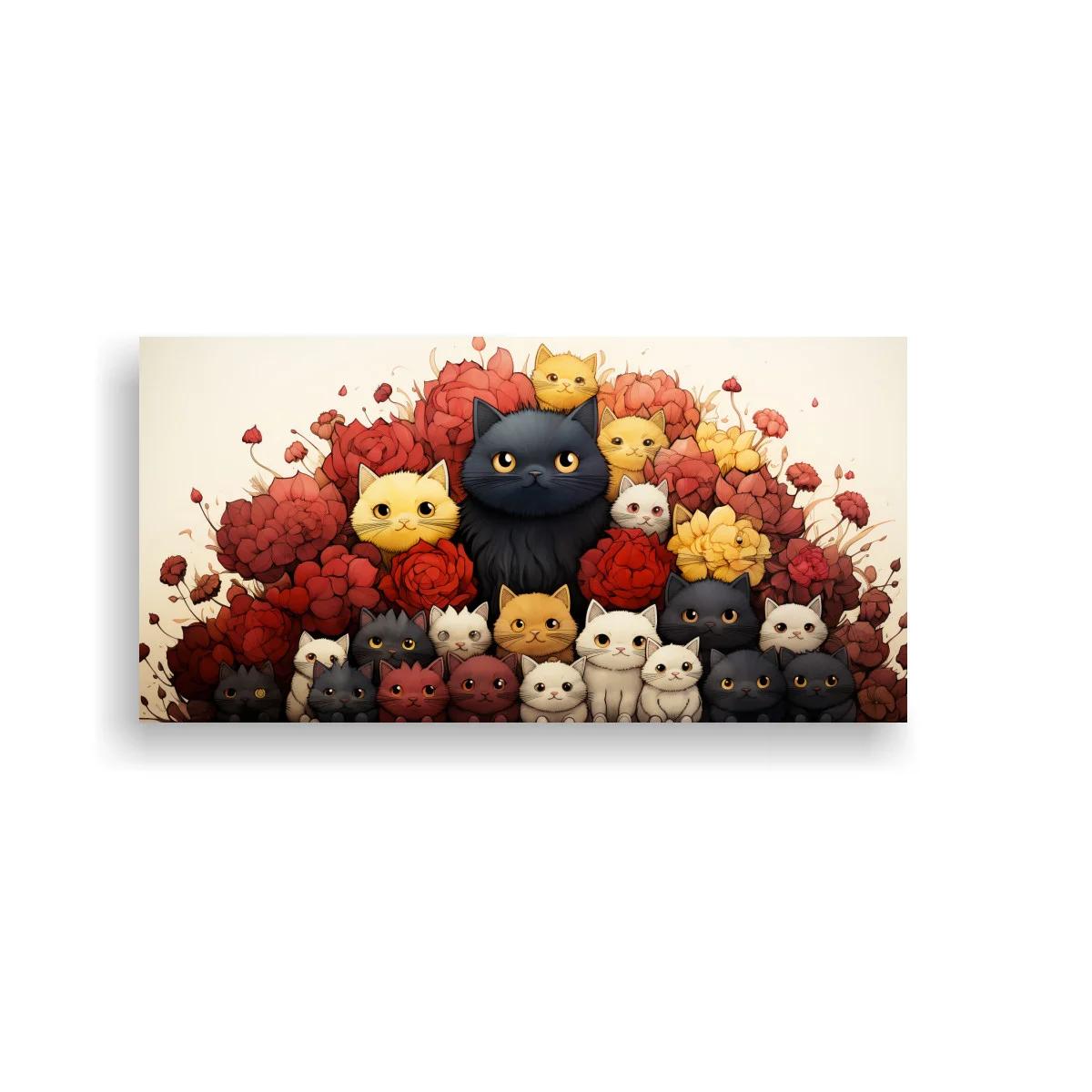 Cuadro grupo de gatos entre flores rojas y amarillas