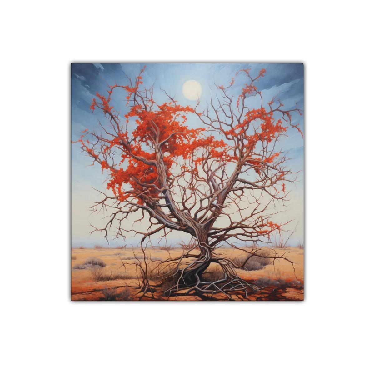 Árbol solitario con follaje rojo en paisaje desértico — imagen principal
