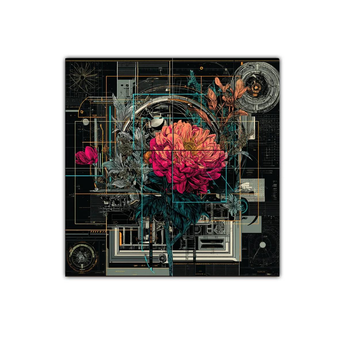 Composición floral futurista con elementos técnicos y vibrantes