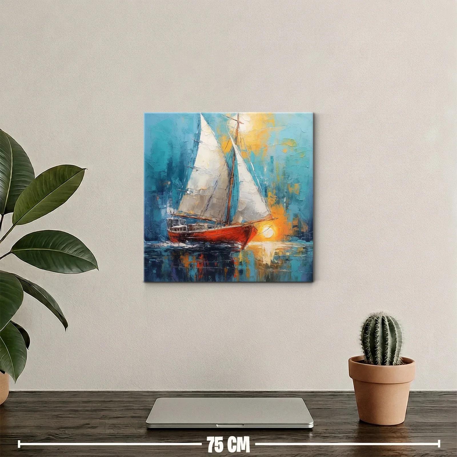 Barco de vela rojo reflejado en agua bajo atardecer brillante — miniatura 2
