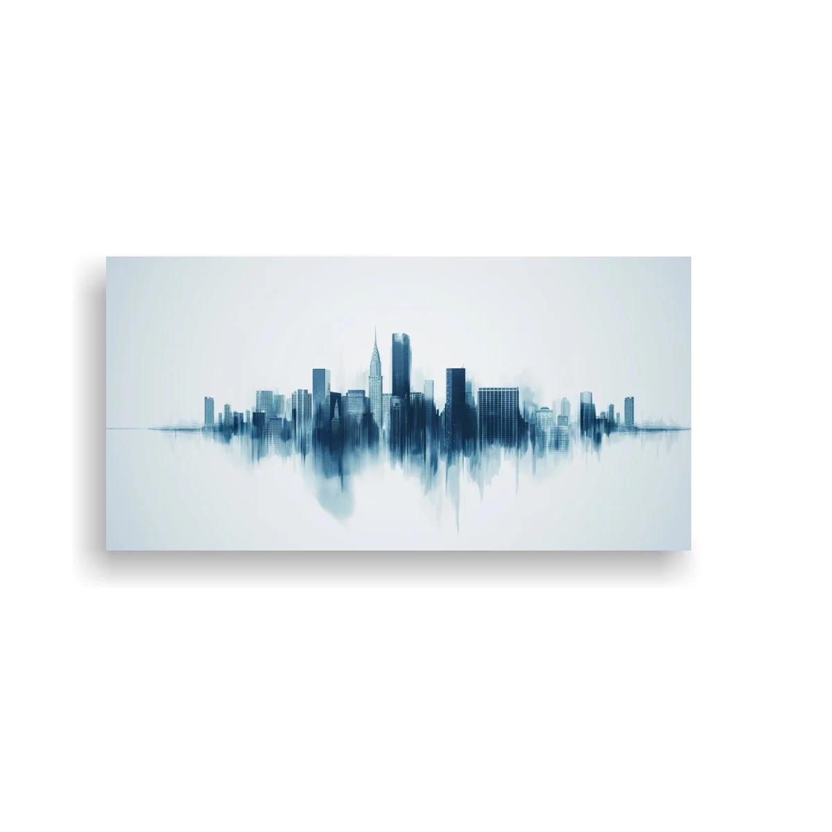 Cuadro skyline urbano azul con reflejo vertical suavizado