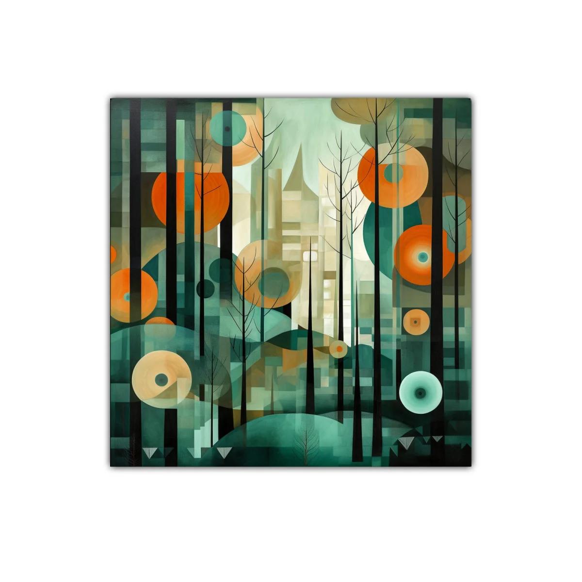 Cuadro abstracto con formas circulares y siluetas de árboles