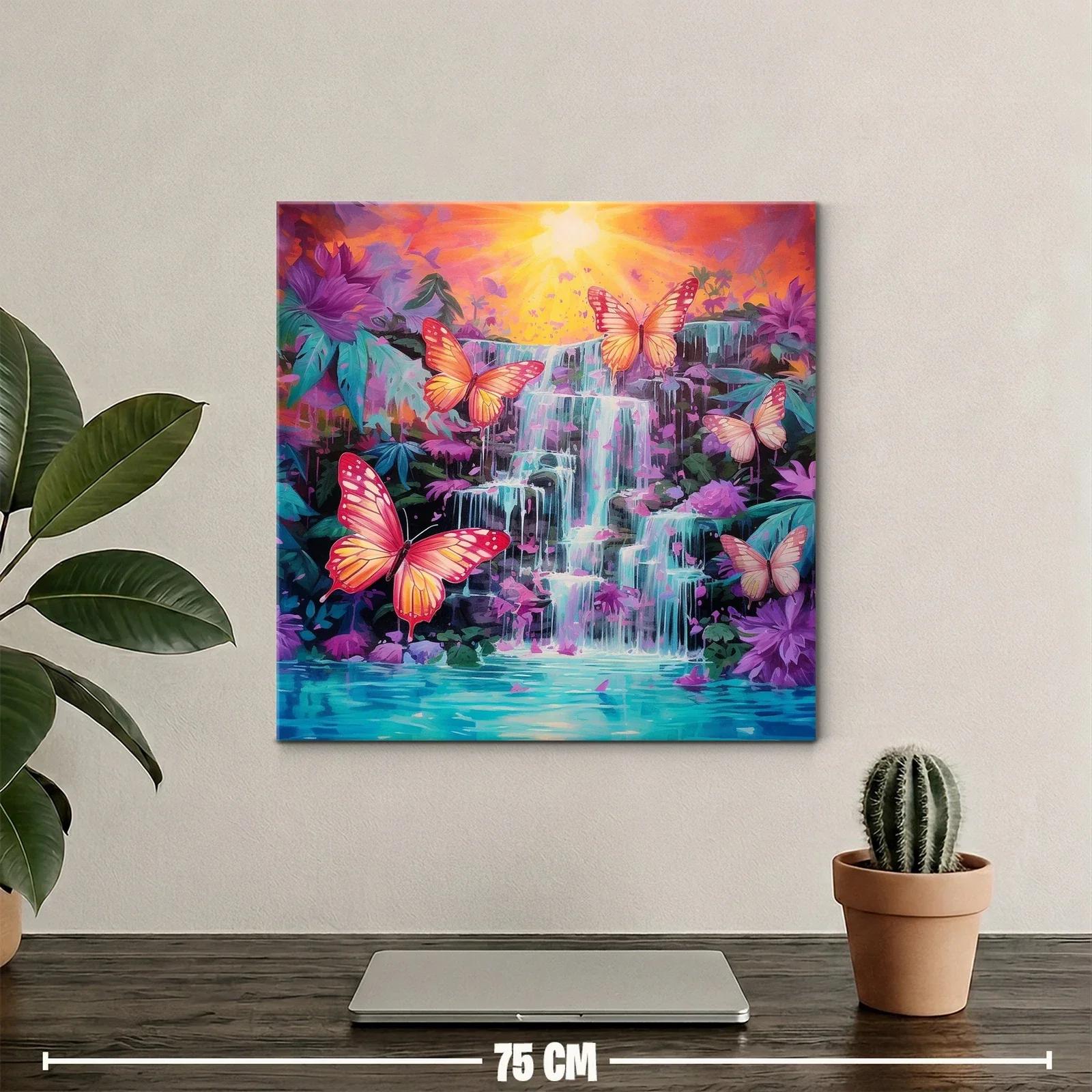 Mariposas vibrantes sobre cascada en paisaje de fantasía — miniatura 2