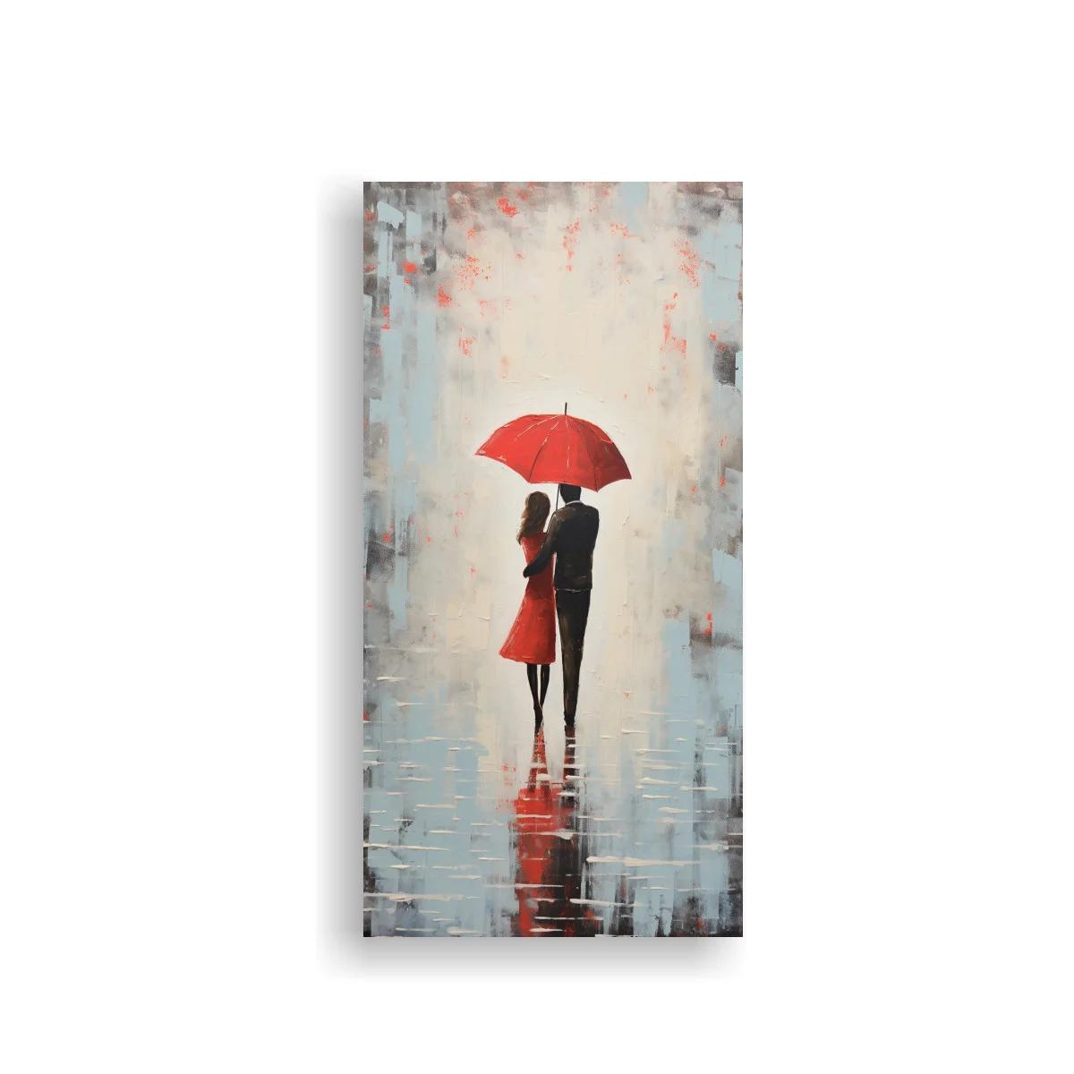Cuadro pareja bajo paraguas rojo con reflejo mojado — imagen principal
