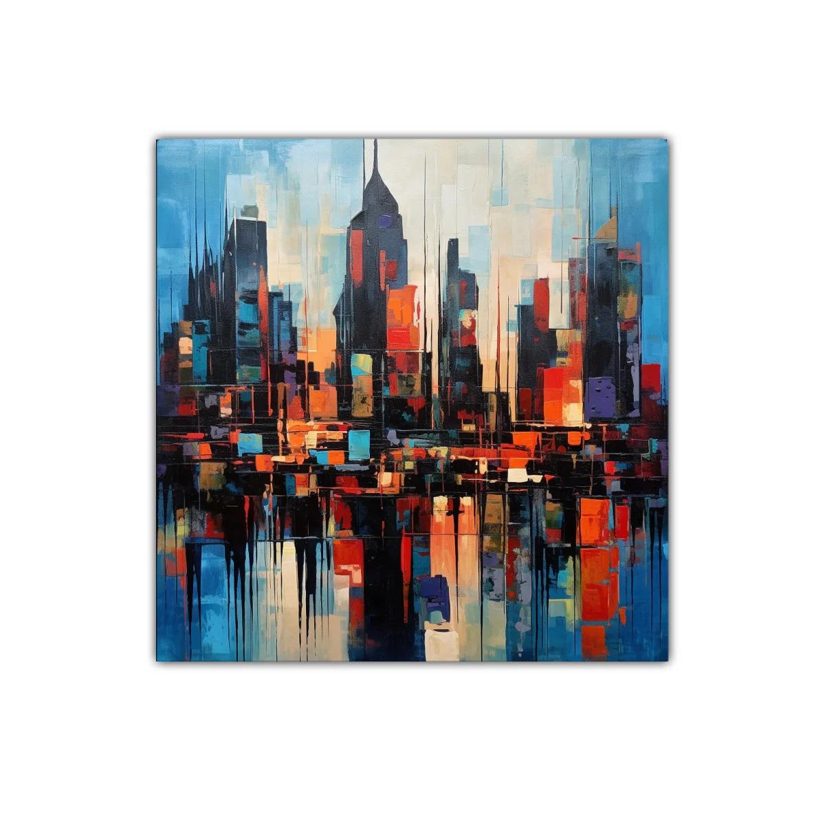 Ciudad abstracta con vibrantes tonos cálidos y fríos al atardecer — imagen principal