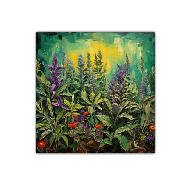 Cuadro de flores silvestres con tonos verdes y violetas