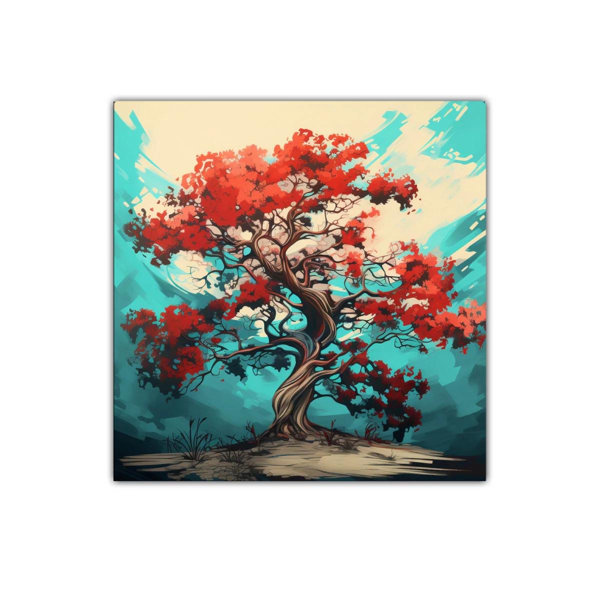 Árbol de vida con follaje rojo vibrante sobre fondo azul — imagen principal