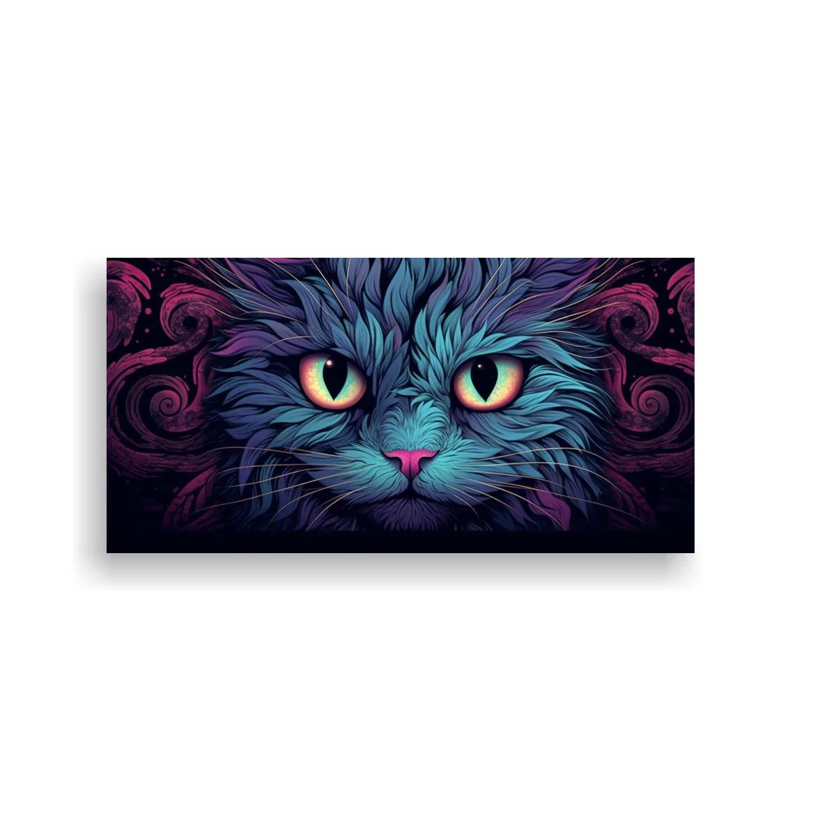 Cuadro cara de gato de ojos brillantes rodeado por formas fluidas