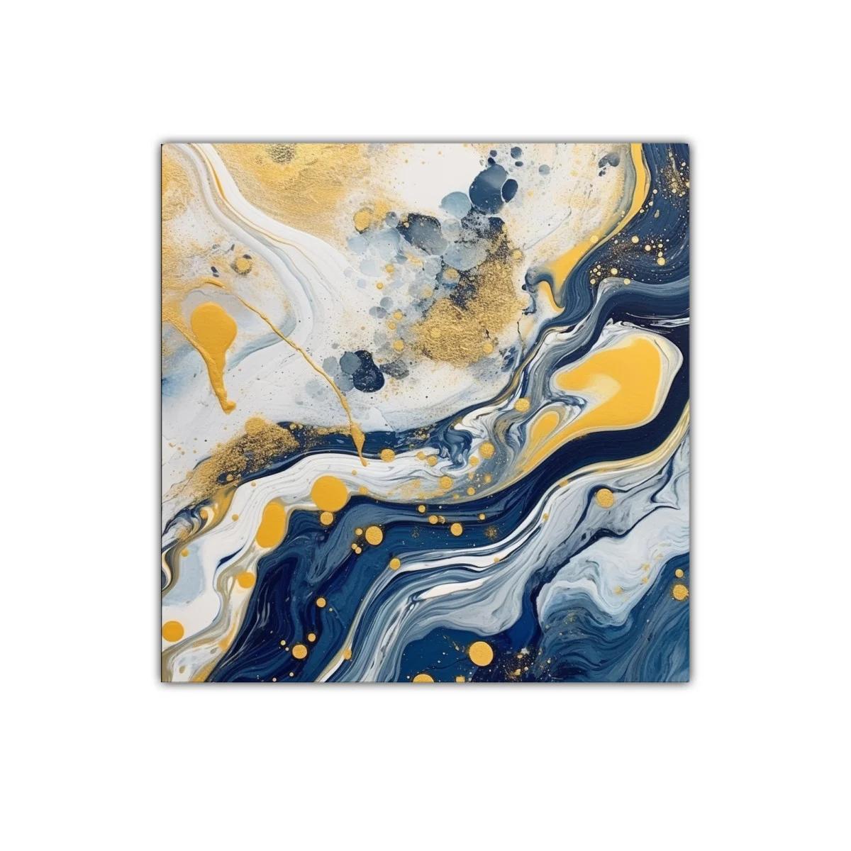 Cuadro abstracto con tonos azul y dorado envolventes