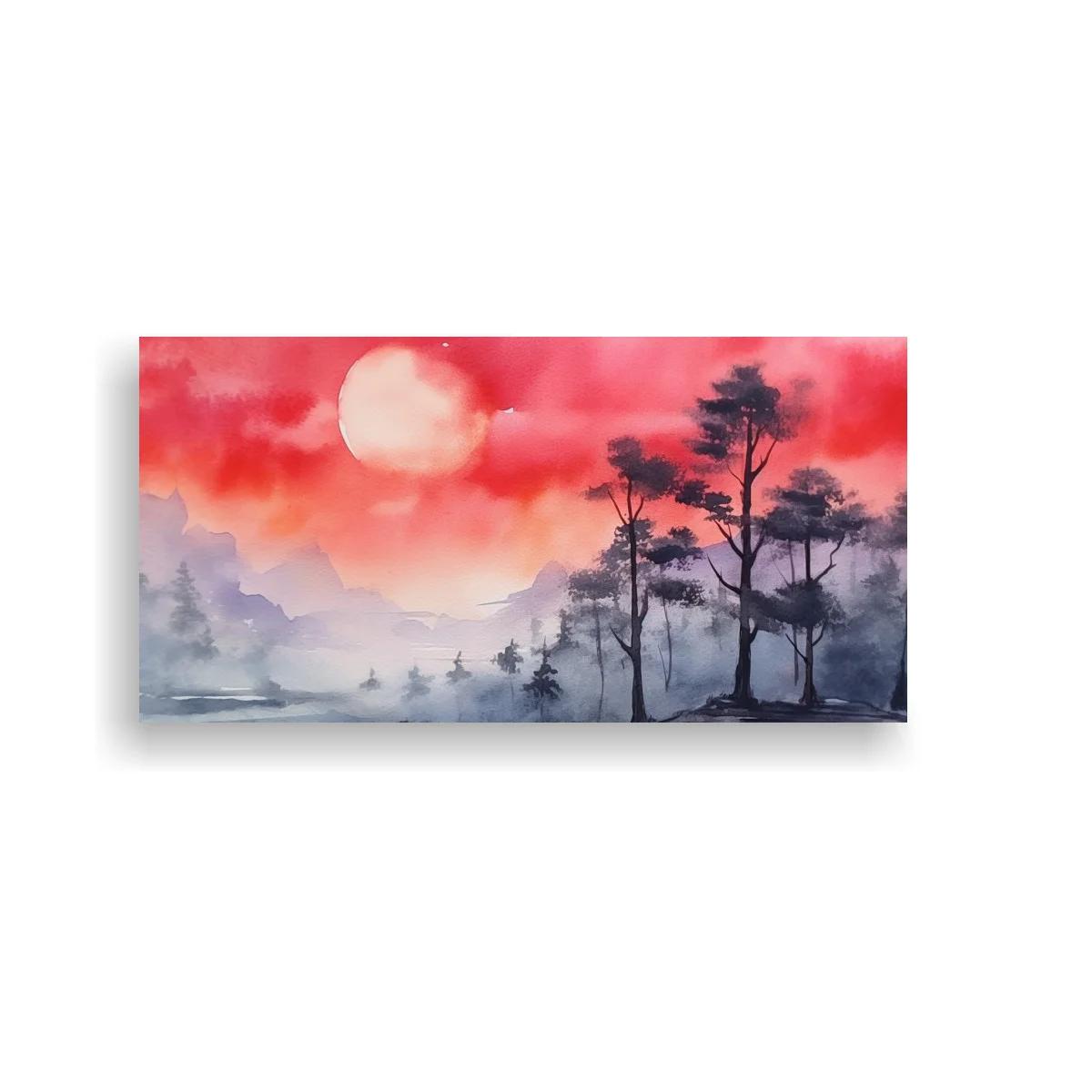 Cuadro paisaje con pinos agua y luna visible