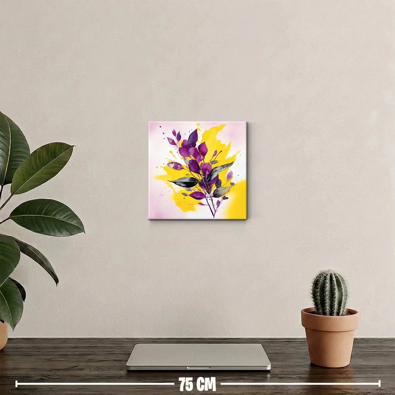 Cuadro moderno con hojas moradas y fondo amarillo vibrante — miniatura 2