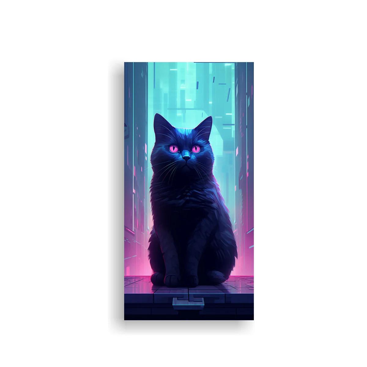 Cuadro gato negro con ojos brillantes y halo neón