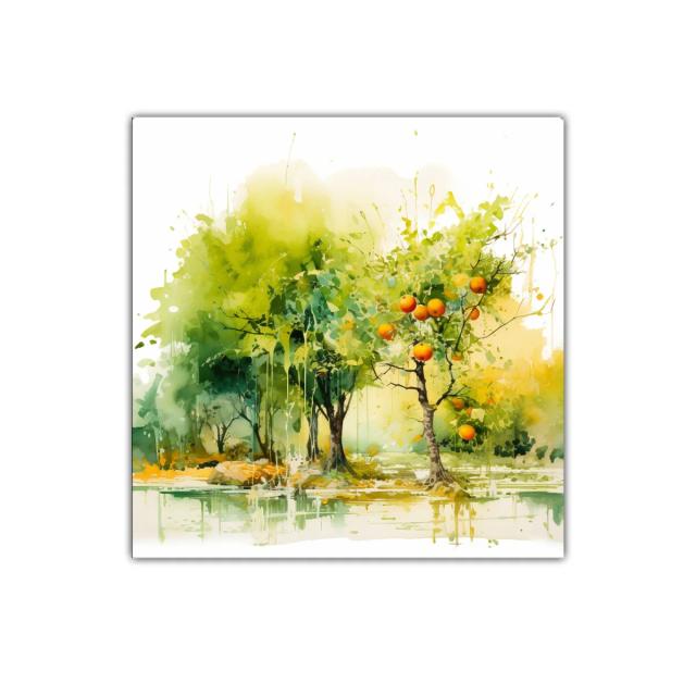 Paisaje natural con árboles frutales y reflejos acuáticos