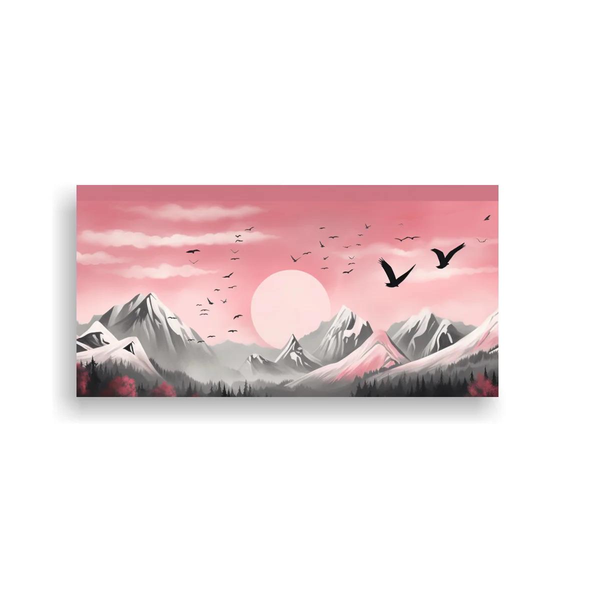 Cuadro paisaje de montaña con sol y aves cruzando el cielo — imagen principal
