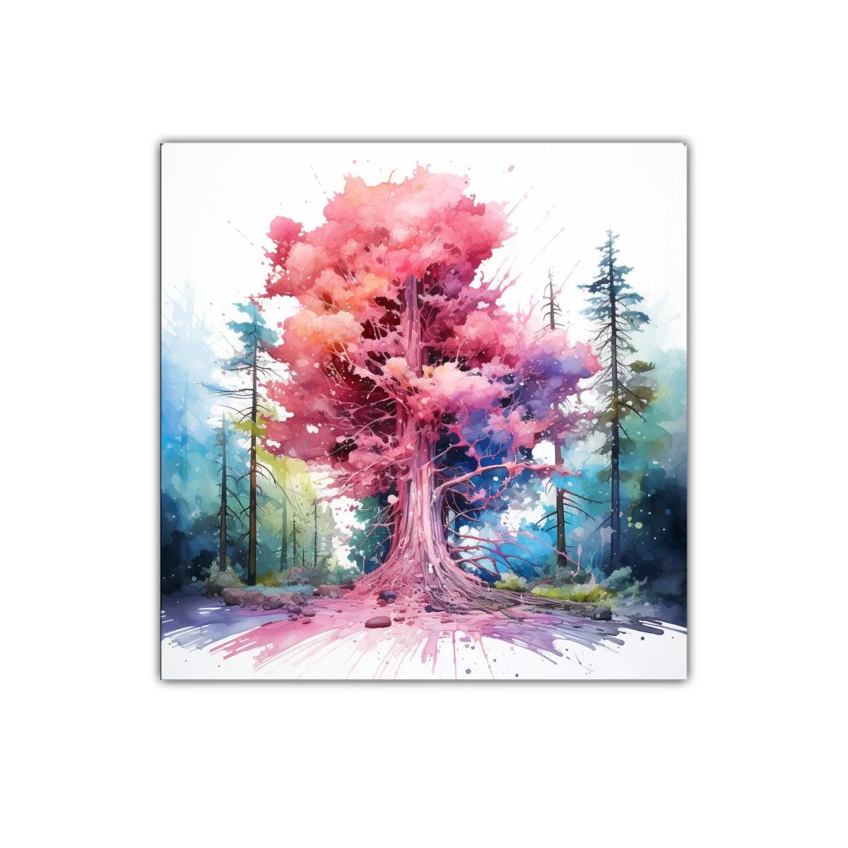 Árbol vibrante con tonos rosas y azules en bosque místico — imagen principal