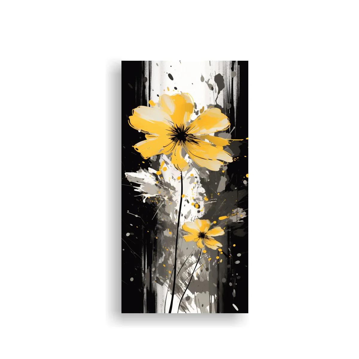 Cuadro flor amarilla con salpicaduras y fondo oscuro