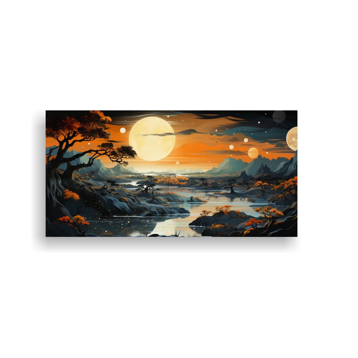 Cuadro paisaje fantástico con luna llena y segunda esfera clara