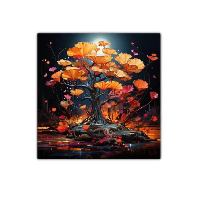 Árbol de flores naranjas con luz de luna brillante