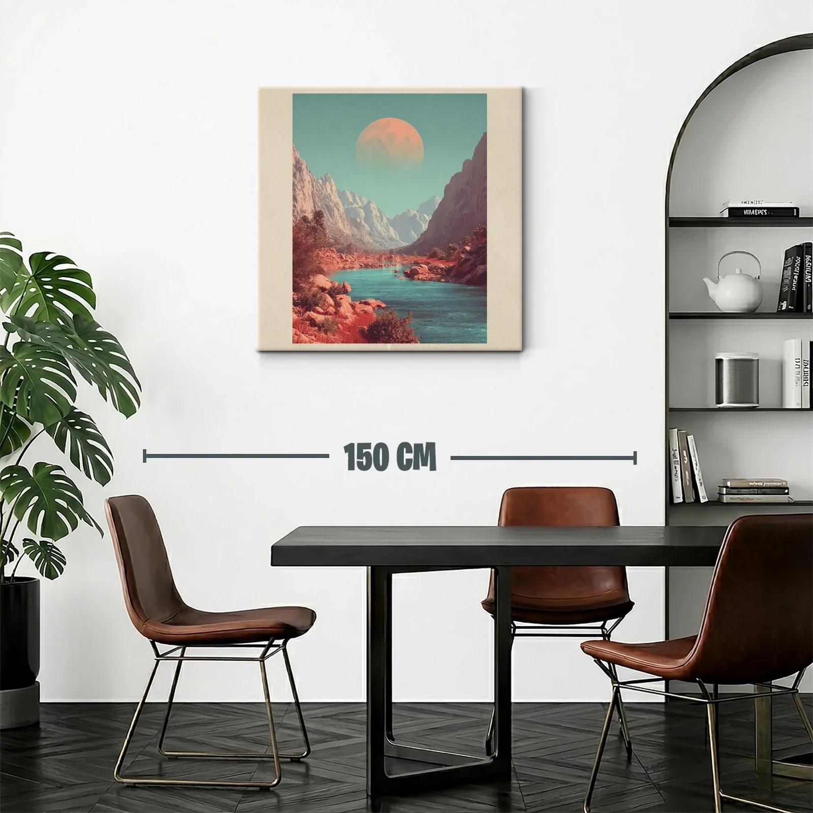 Paisaje montañoso con río y luna en tonos cálidos y fríos — miniatura 2