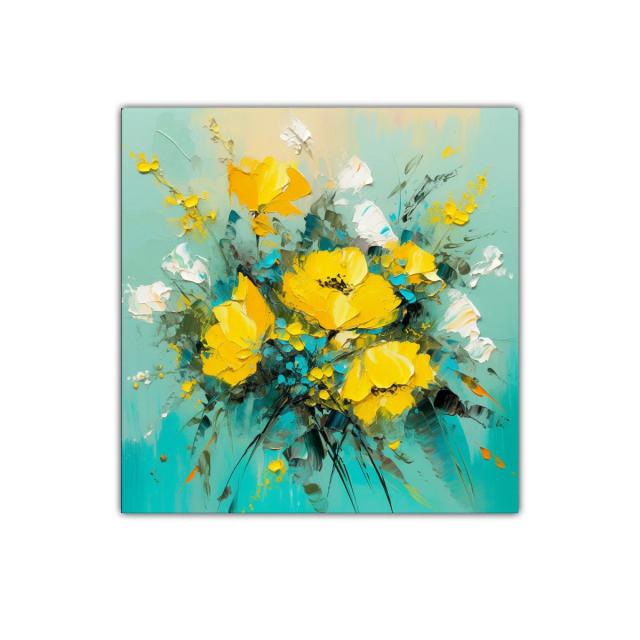 Cuadro moderno con ramo de flores amarillas y fondo turquesa