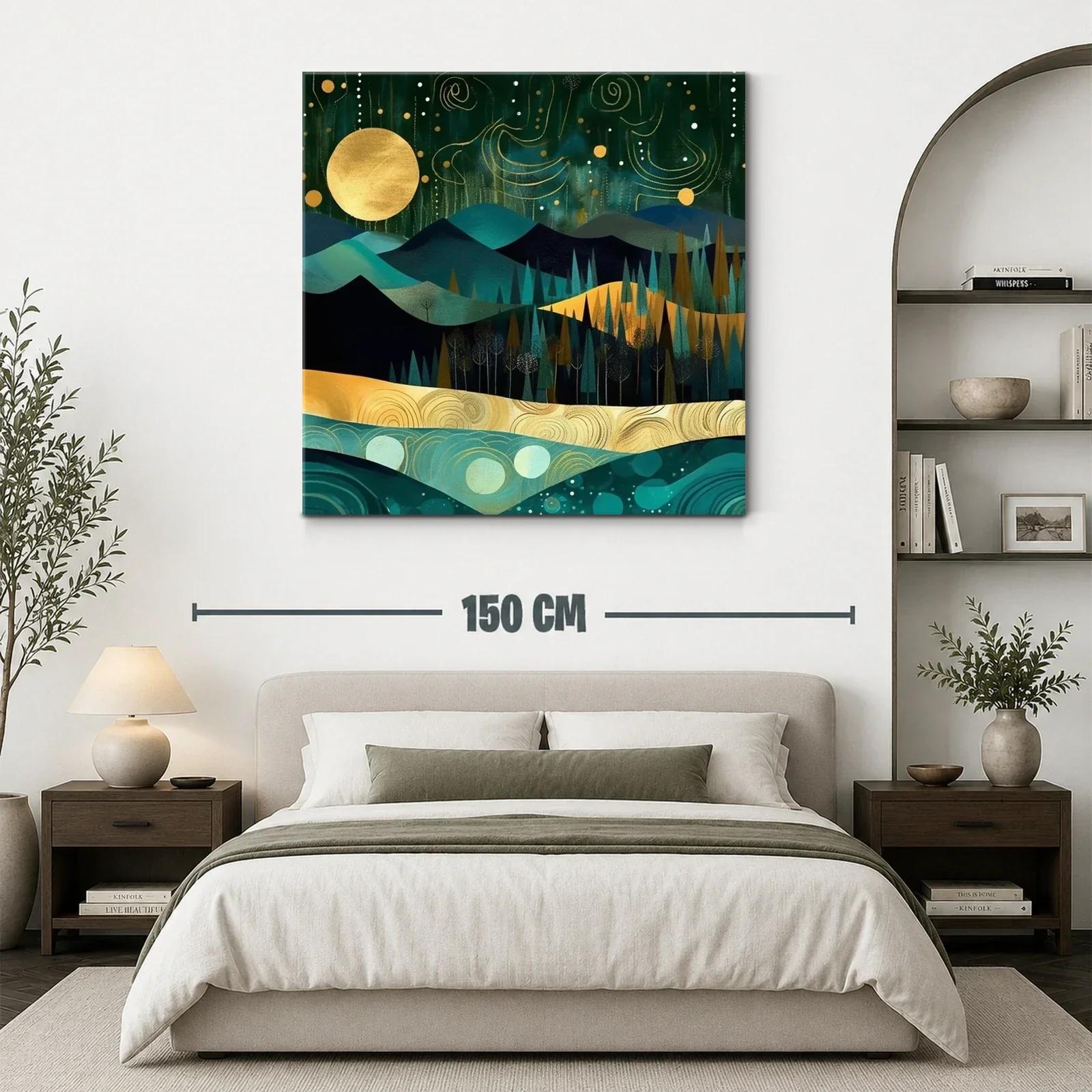 Paisaje nocturno con luna dorada y montañas estilizadas — miniatura 3