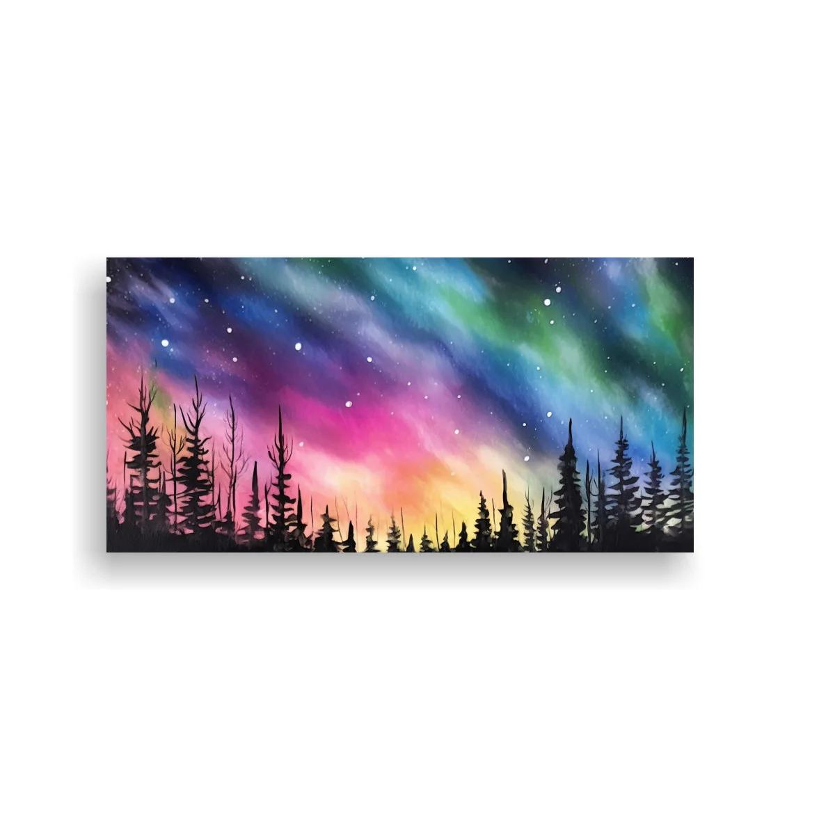 Cuadro aurora boreal sobre bosque de pinos con cielo panorámico — imagen principal