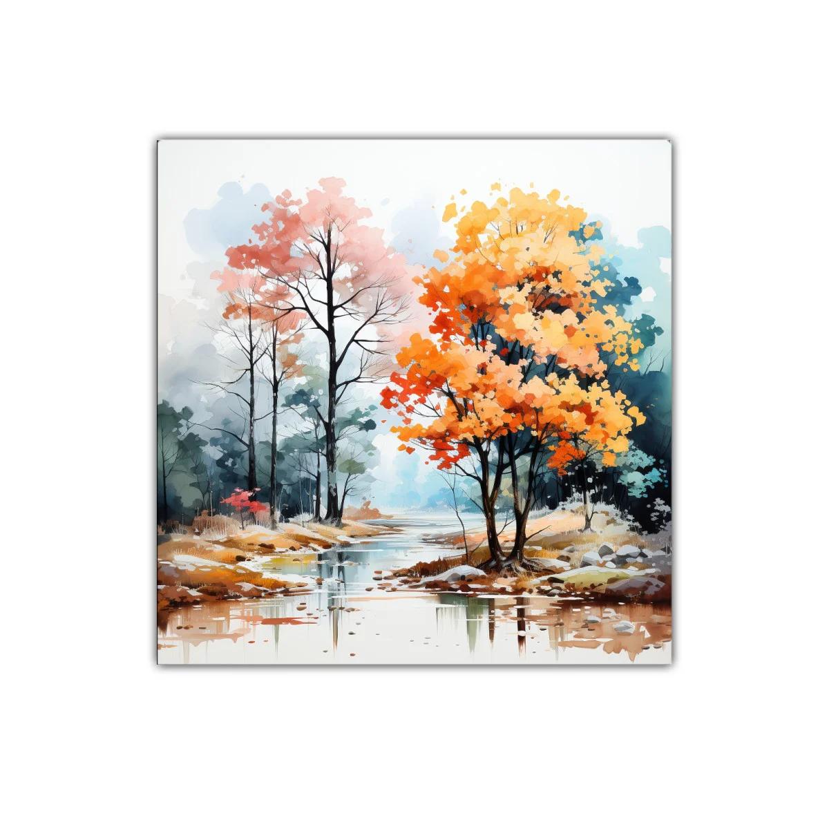 Paisaje otoñal con árboles vivos junto al río sereno