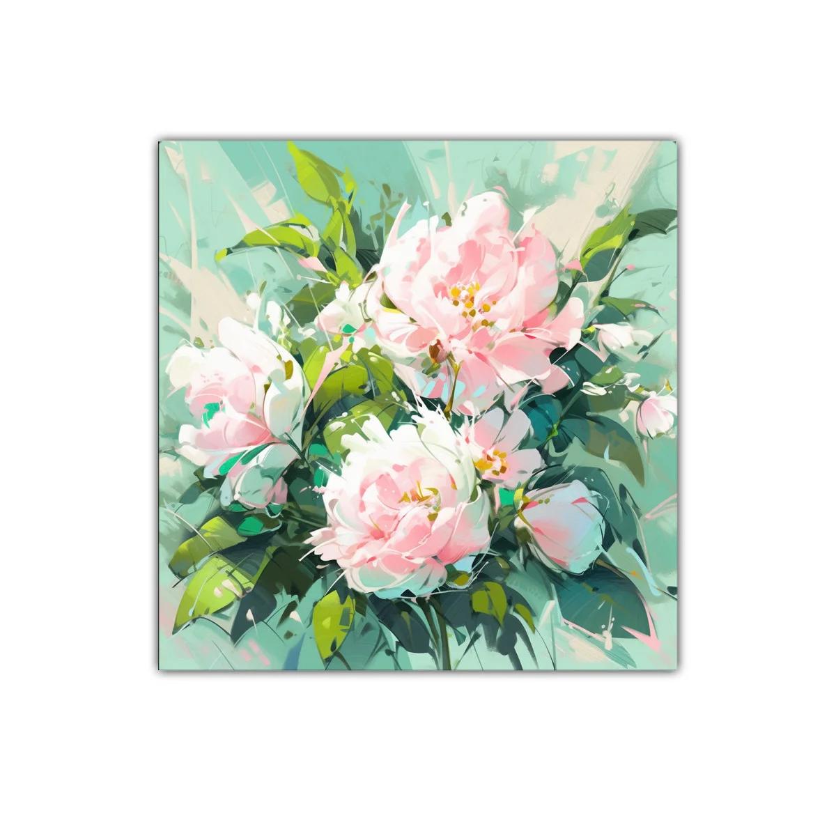 Cuadro floral con flores rosas y hojas verdes frescas — imagen principal