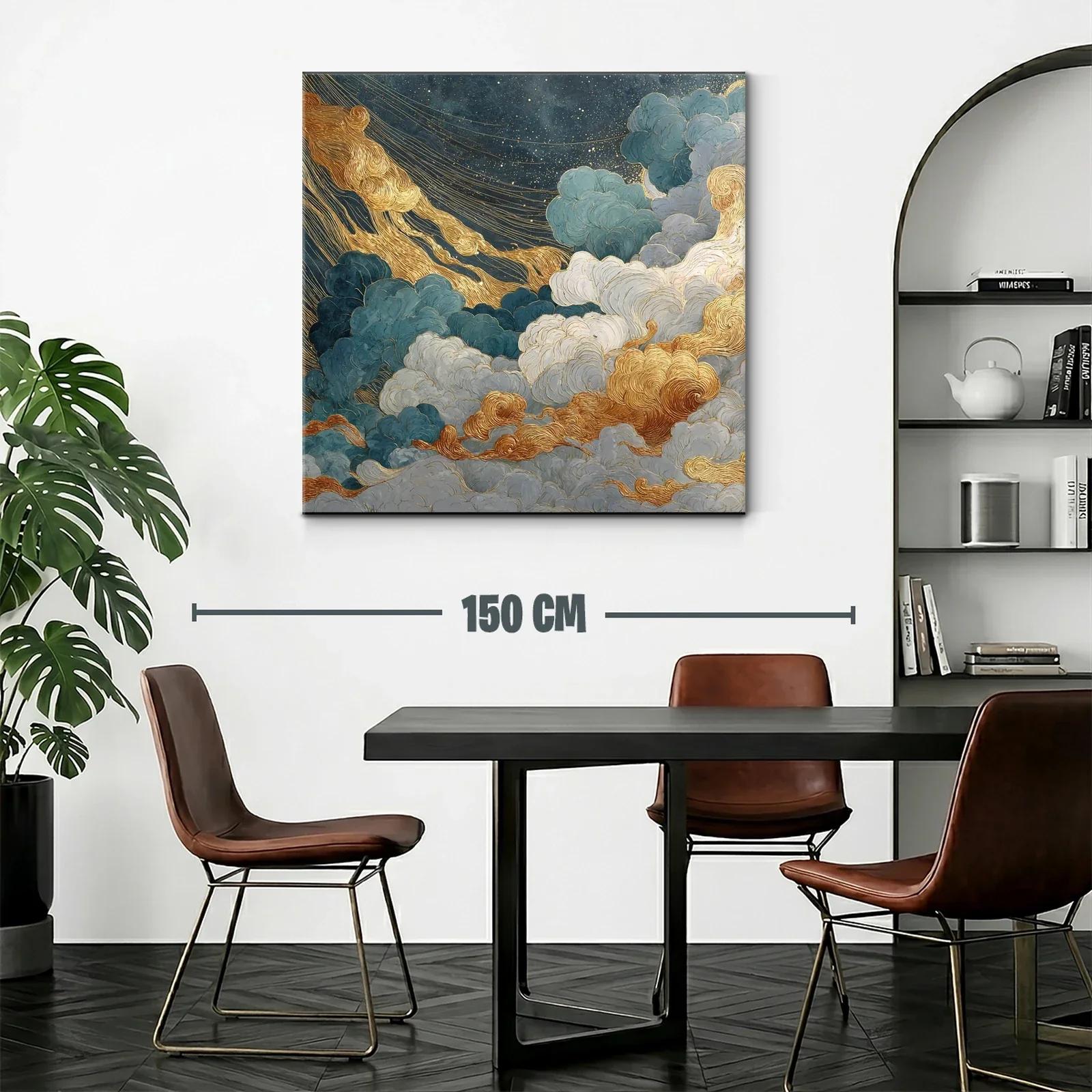 Cuadro abstracto de nubes doradas y azules con estrellas — miniatura 2
