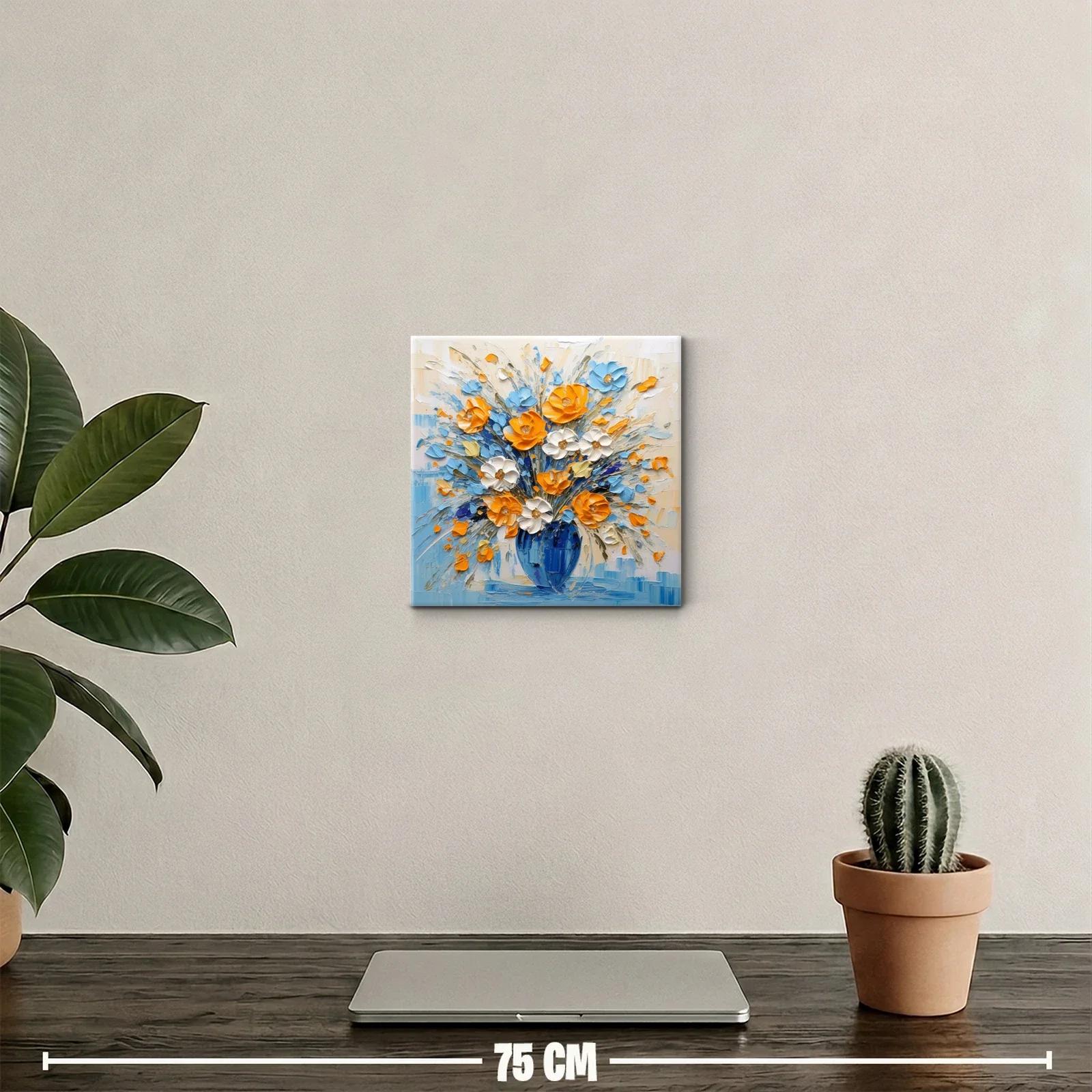 Flores vibrantes en jarrón azul con tonos cálidos y frescos — miniatura 2