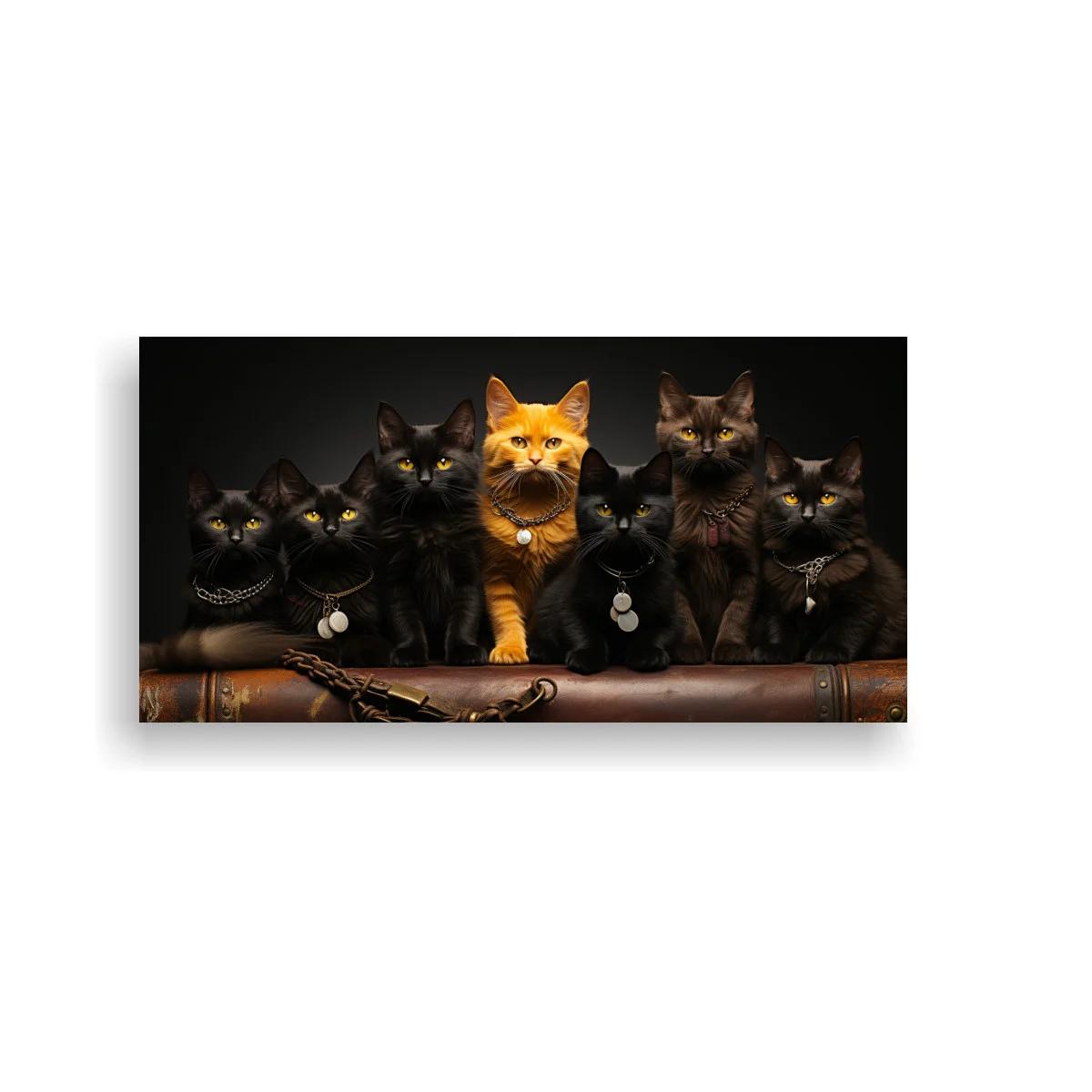 Cuadro grupo de gatos sobre baúl de cuero
