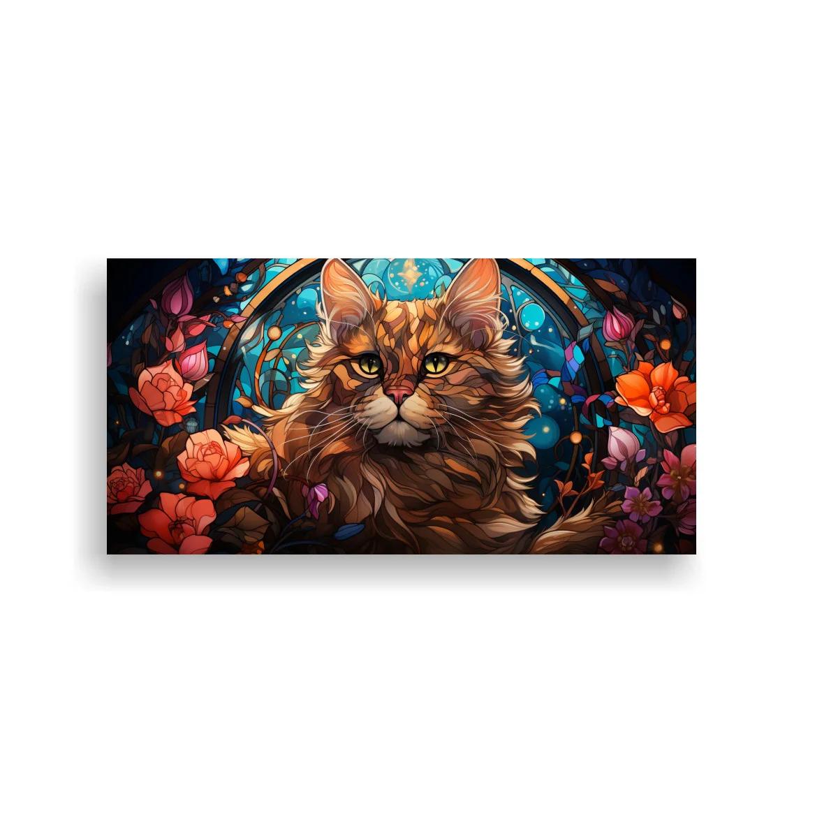 Cuadro gato atigrado de pelo largo con flores y marco circular