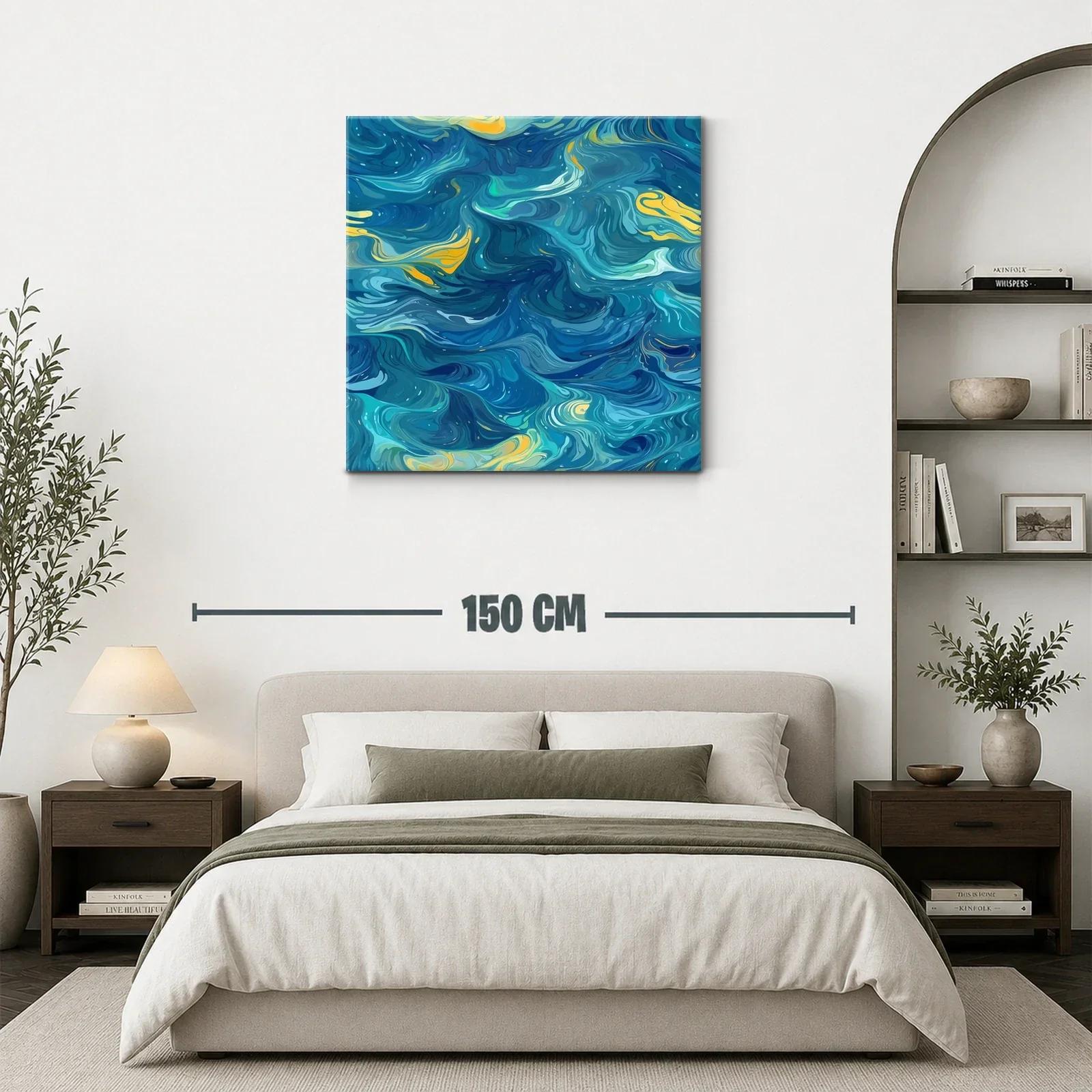 Cuadro abstracto con remolinos azules y toques amarillos — miniatura 3
