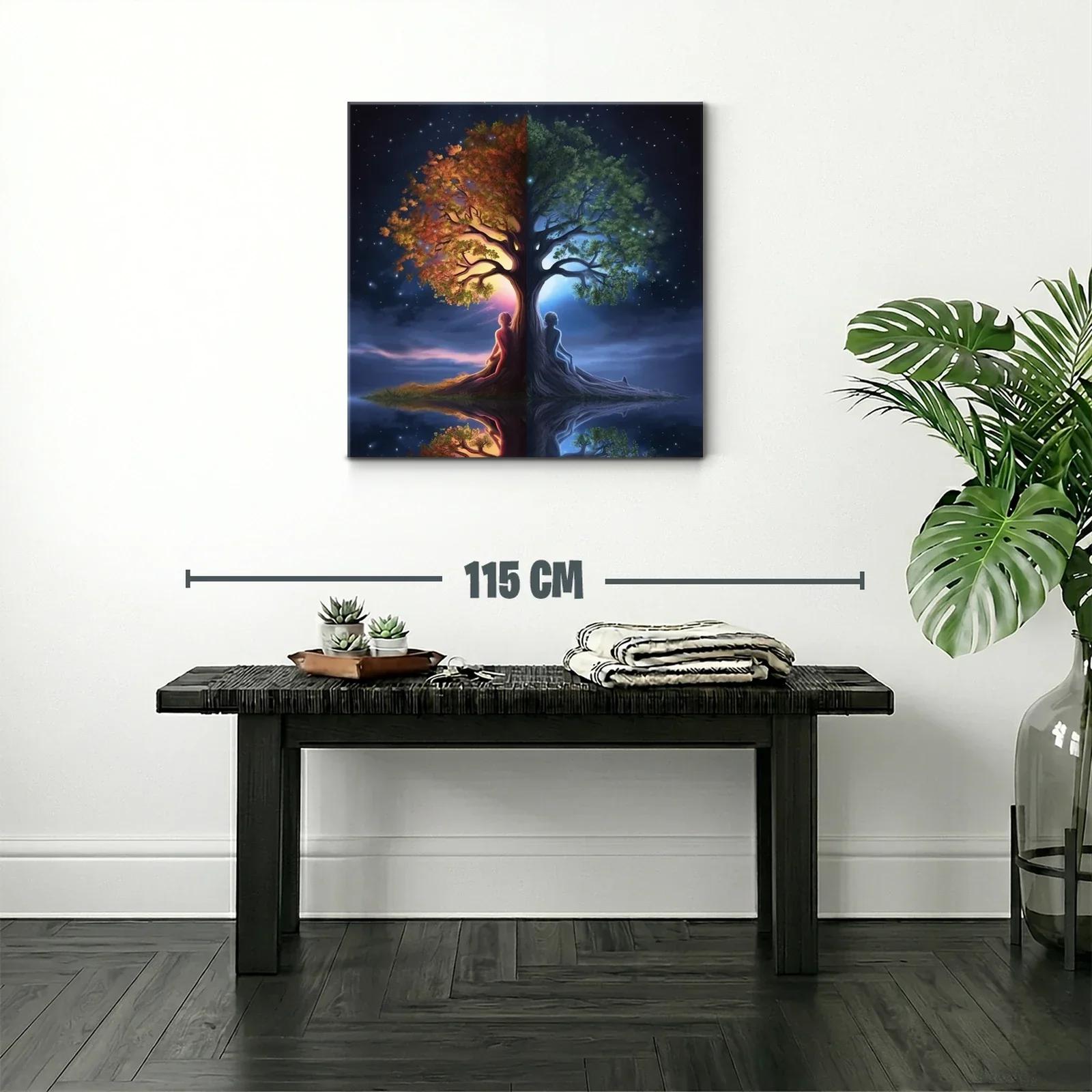 Cuadro árbol dual con figuras humanas y contraste día noche — miniatura 2