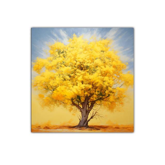 Árbol con follaje dorado bajo cielo suave azul