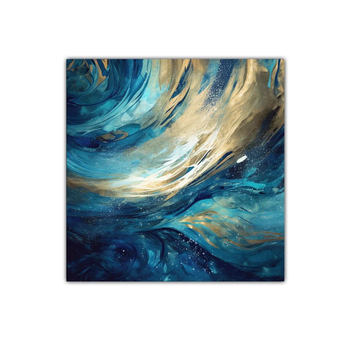 Cuadro abstracto con ondas dinámicas en tonos azul y dorado