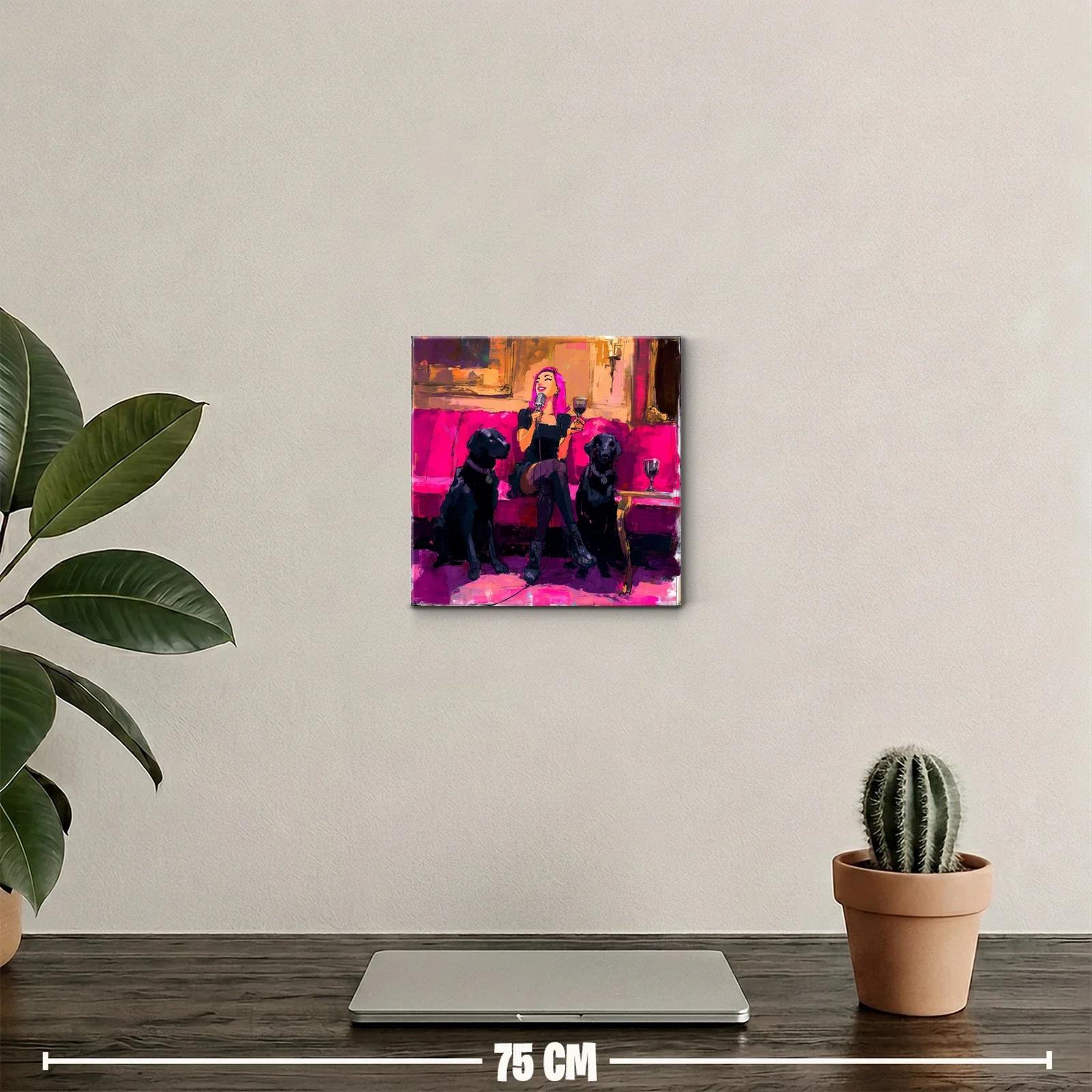Divertida escena nocturna con mujer y perros en tonos fucsia — miniatura 2