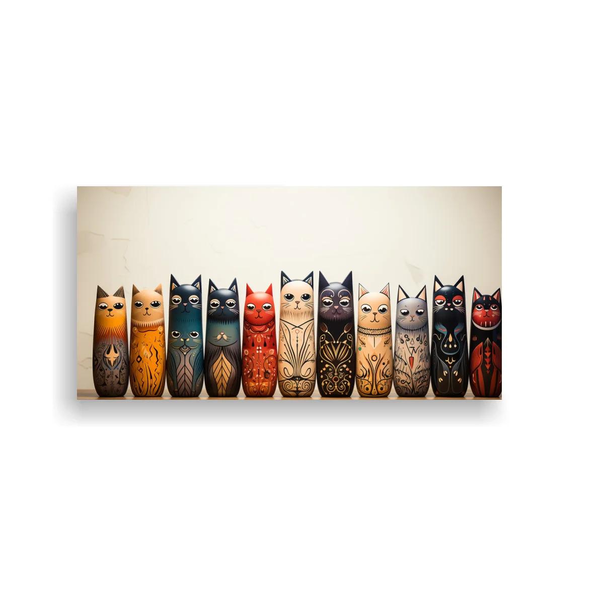 Cuadro fila de gatos decorativos con base de madera