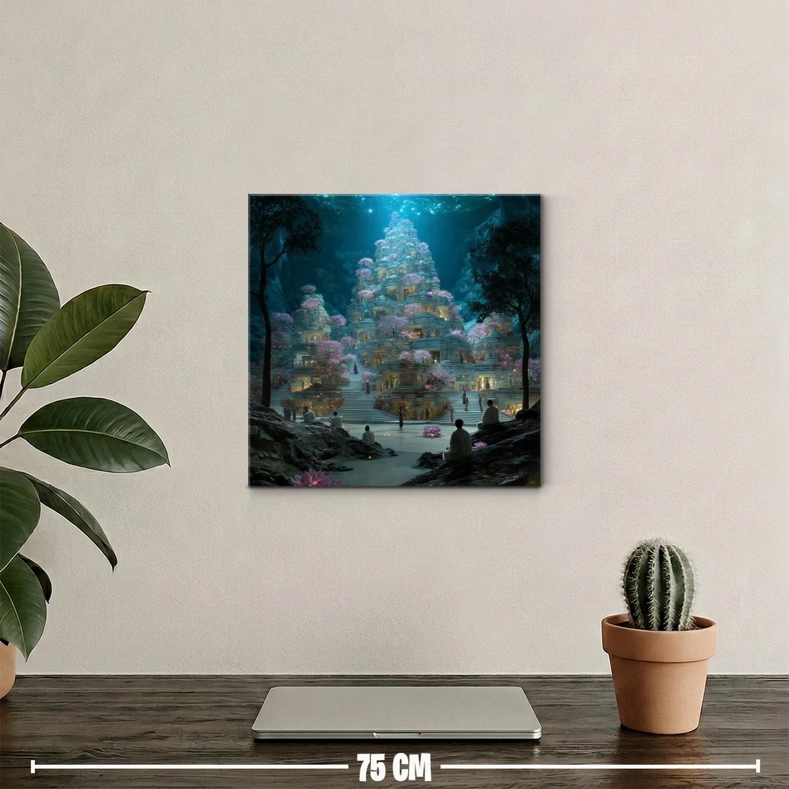 Templo místico iluminado entre árboles y flores rosadas — miniatura 2