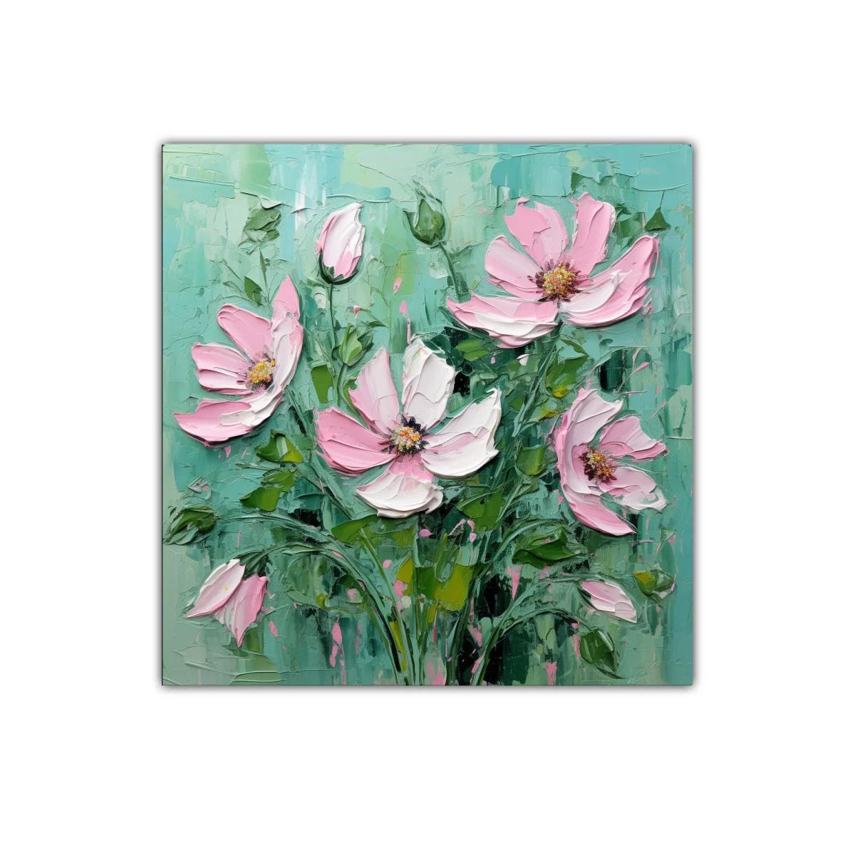 Cuadro floral con flores rosas y fondo verde — imagen principal