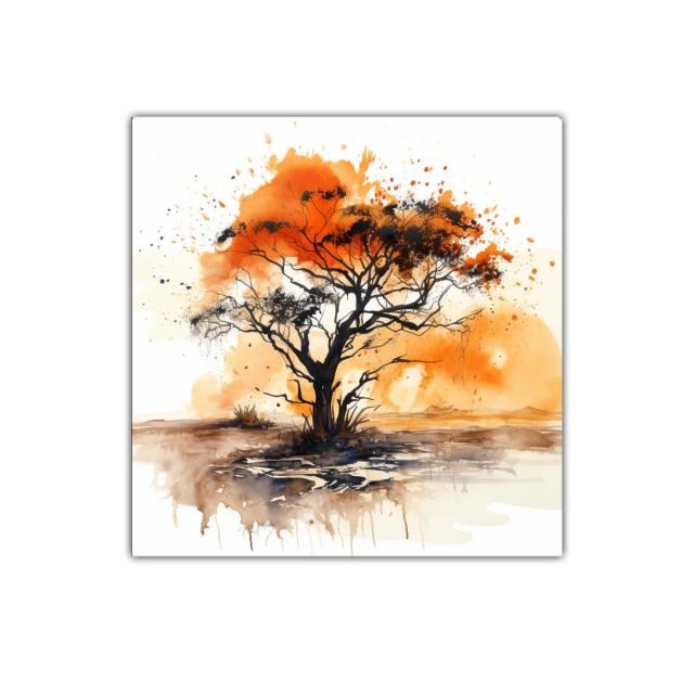 Árbol solitario con tonos cálidos y contrastes vivos