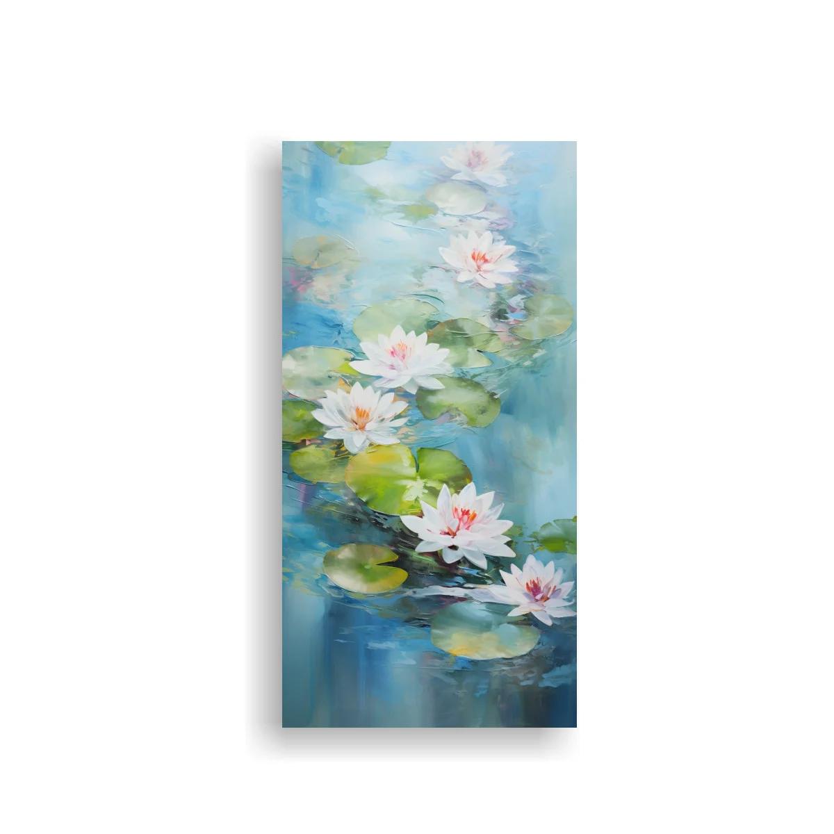 Cuadro nenúfares con flores blancas y rosadas sobre agua azul