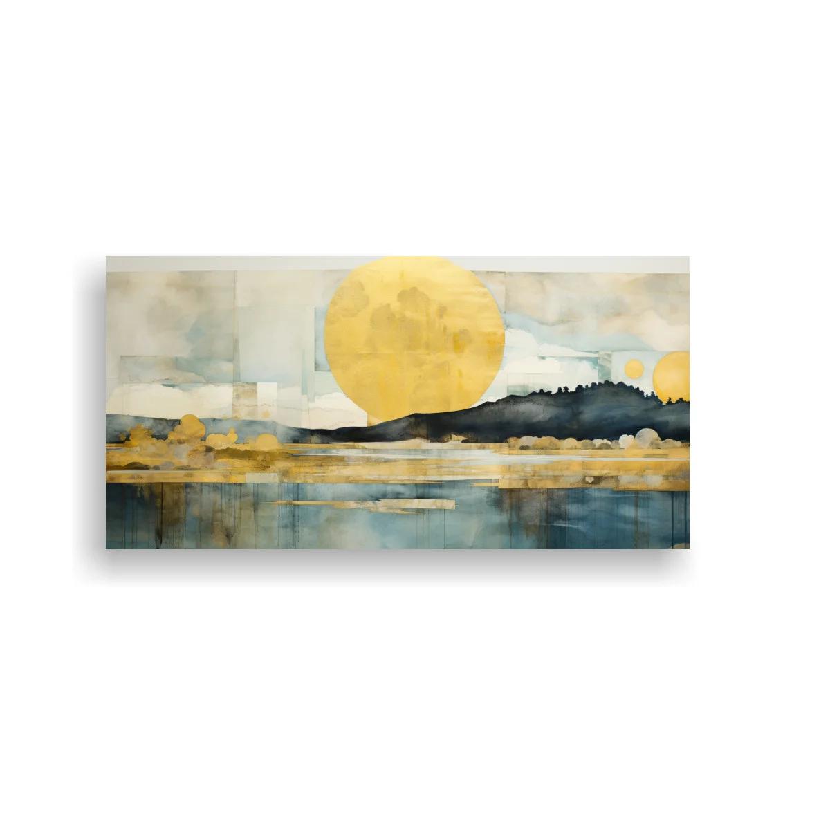Cuadro paisaje lacustre con gran sol amarillo y reflejos extendidos