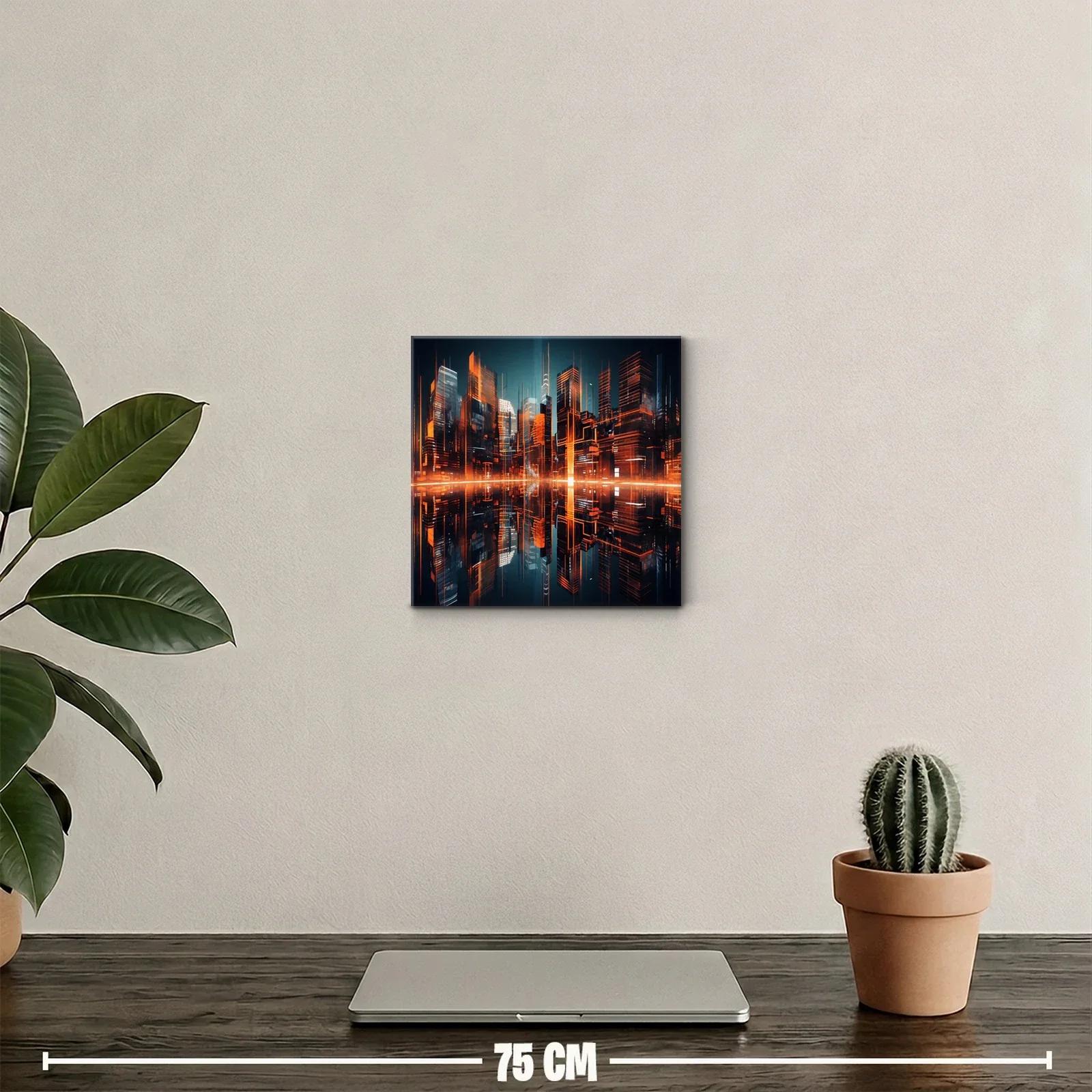 Ciudad futurista iluminada con reflejos naranjas vibrantes — miniatura 2