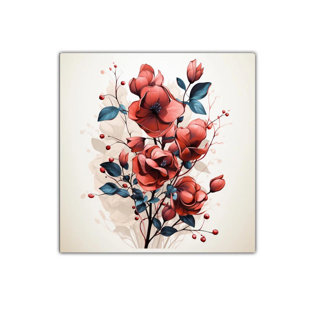 Elegante composición floral en tonos rojos y azules oscuros