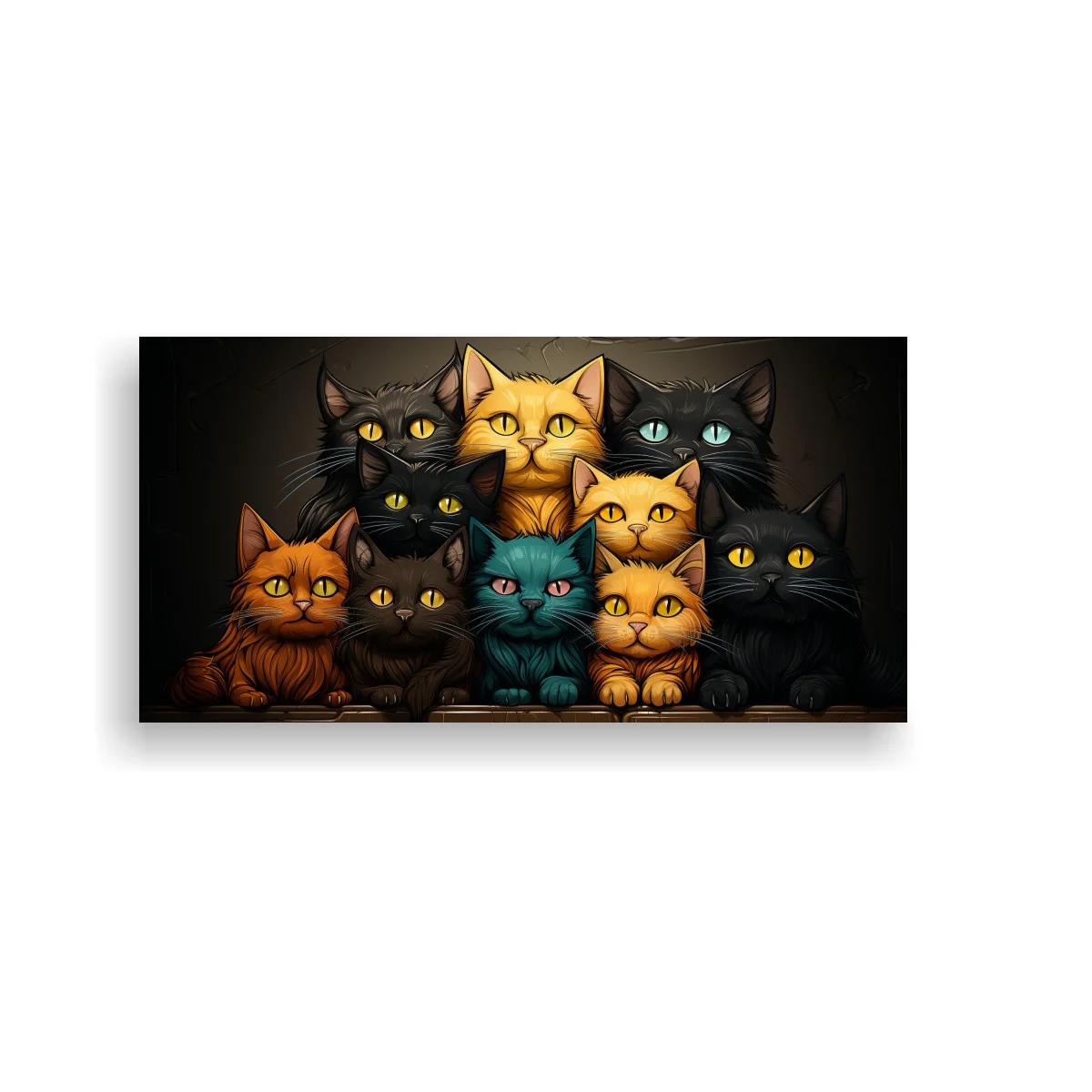 Cuadro grupo de gatos de colores con fondo oscuro